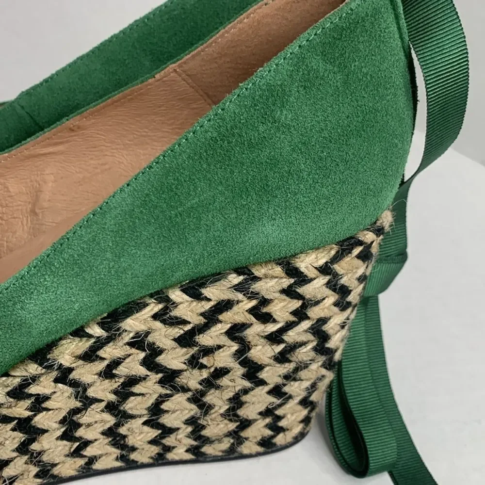 Free People Charade green suede espadrille platform wedge ankle tie pumps NWOB